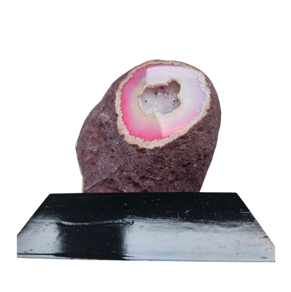 Pink Natural Agate  Geode on Black Stand Polished Front 2 ,2 Lbs - Picture 2 of 7